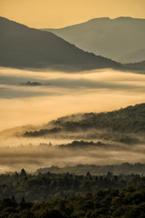 Beautiful misty sunrise in the mountains. Bieszczady Mountains. Poland.