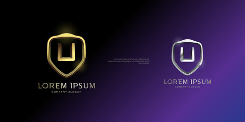 set of shiny 3d metallic gold and silver shield icon, initial letter U monogram custom logo template