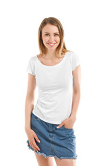 Obraz premium Woman in stylish t-shirt on white background
