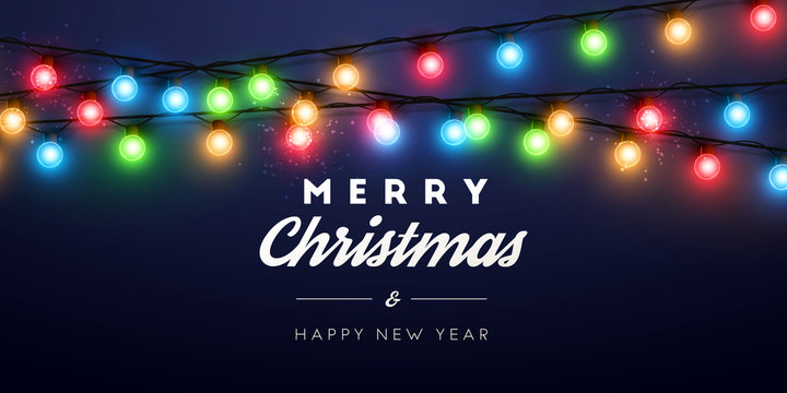 Merry Christmas background with christmas lights. Holiday illustration.