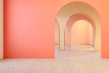 Colorful interior with archs and terrazzo floor. 3d render illustration mock up © YKvisual