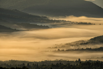 Beautiful misty sunrise in the mountains. Bieszczady Mountains. Poland.