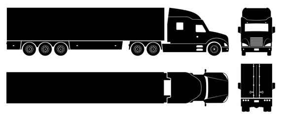 Semi trailer truck silhouette on white background. Vehicle icons set view from side, front, back, and top © Yuri Schmidt