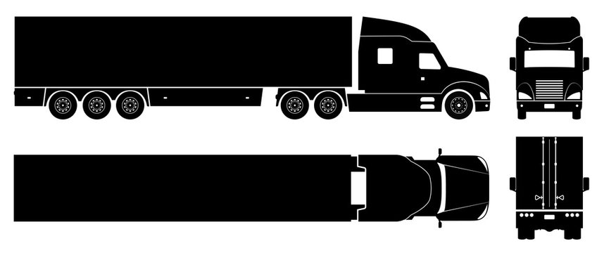 Semi trailer truck silhouette on white background. Vehicle icons set view from side, front, back, and top