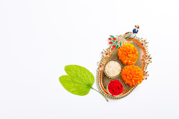 Happy Dussehra greeting card , green leaf, Rice and kumkum