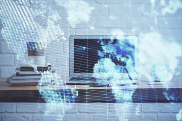 Multi exposure of business theme icons and table with computer background. Concept of success.