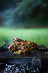 The chicken is grilled on charcoal.