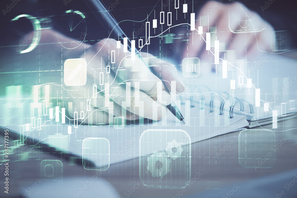 Poster forex graph on hand taking notes background. concept of research. multi exposure