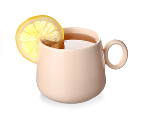 Cup of hot tea with lemon on white background