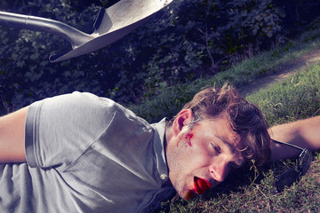 Addicted criminal attacking innocent man on city forest way