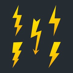 Set of lightning bolt. High voltage icon. Thunder bolt, lighting strike symbol. Battery charger pictogram. Template for your design.