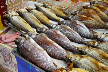 Smoked trout on display at a market in Cholpon Ata, Kyrgyzstan