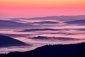 Fototapeta na wymiar Beautiful misty sunrise in the mountains. Bieszczady Mountains. Poland.