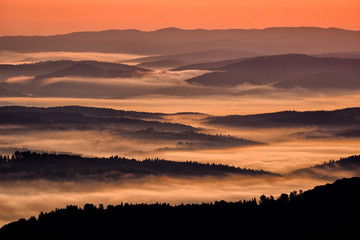 Beautiful misty sunrise in the mountains. Bieszczady Mountains. Poland.