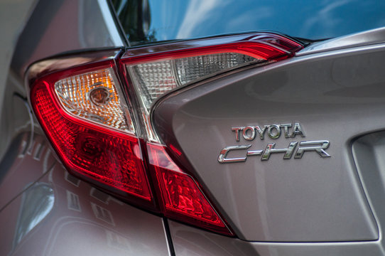 Mulhouse - France - 1 September 2019 - Closeup of rear light and sign on Toyota rav 4 SUV parked in the street