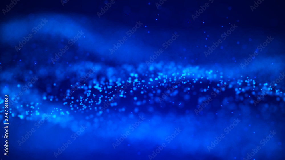 Poster Futuristic blue dots background with a dynamic wave. Big data visualization. 3d rendering.