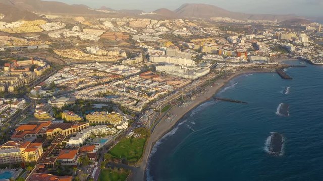 Aerial view of Los Cristianos, Las Americas and Adeje, Canary Islands, Tenerife, Spain