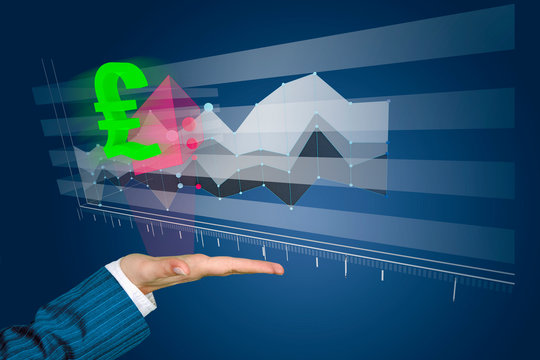 Graphics - Hand of a businessman with 3d figures data number and pund UK currency symbol on a dark background