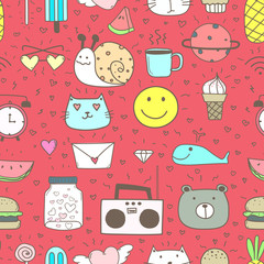 Doodle Cartoon Seamless Pattern Background For Kid. Vector illustration for fabric and gift wrap paper design.