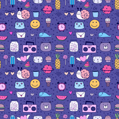 Doodle Cartoon Seamless Pattern Background For Kid. Vector illustration for fabric and gift wrap paper design.