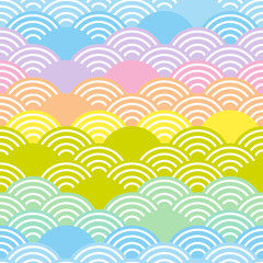 Fototapeta na wymiar Seigaiha or seigainami literally means blue wave of the sea. rainbow seamless pattern abstract scales simple Nature background japanese circle purple pink yellow blue green pastel colors. Vector