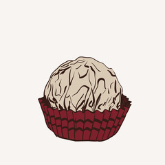 Candy chocolate truffles in foil and paper cup. Drawing by hand sketch doodles. Gray pink brown. Vector