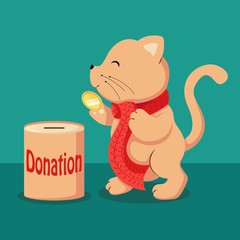 Animal putting golden coin money with into donation bank or moneybox