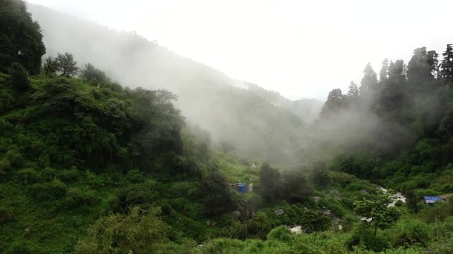 Clouds entering a lush green valley with trees covering the hills in McLeodganj, Dharamshala, Shimla