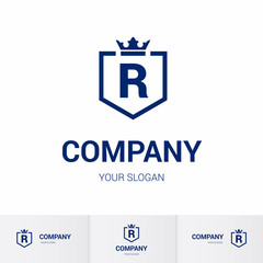 Illustration of Shield Badge-Shape with letter R in the Middle and Luxury Crown. Logo Icon Template for Web and Business Card, Letter Logo Template on White Background