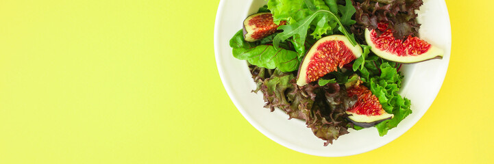 salad figs, leaves lettuce (chard, onions, herbs and other ingredients) top concept. food background. copy space