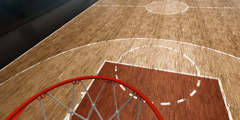 Professional basketball court. High angle view from the basketball rim