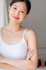 beautiful asian teen woman satnading smile with happiness and attractive