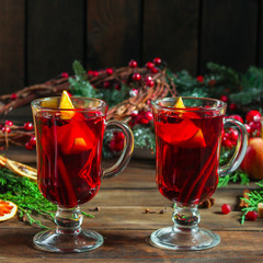 mulled wine, fragrant drink and festive mood atmosphere - concept New Year, Christmas. food background. copy space