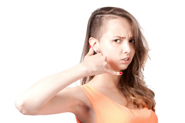Girl making hand gesture call me on white background.