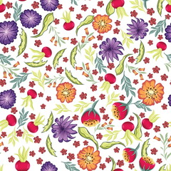 vector drawings of handdrawn seamless pattern with leaves and cute wild flowers on a white background
