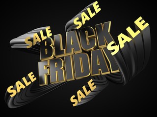 black friday text with small words covering it. sale texts rises from background. 3d illustration