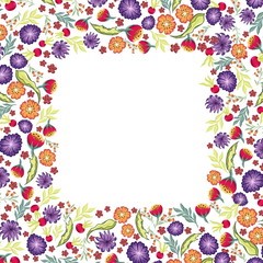 vector drawings of floral square frame with leaves and cute flowers on a white background