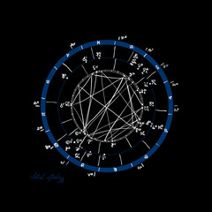 Horoscope natal chart, astrological celestial map, cosmogram, vitasphere, radix. Blue white black color. Hand drawn calligraphy. Vector
