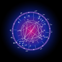 Horoscope natal chart, astrological celestial map, cosmogram, vitasphere, radix. Blue white pink black color. Hand drawn calligraphy. Vector
