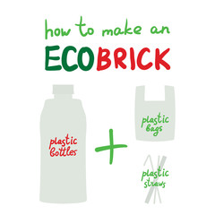 Ecobrick is a plastic bottle packed with clean and dry, used plastic to make a reusable building block. Eco Bricks, Ecolladrillos, bottle bricks. Less plastic going into the biospher. Vector