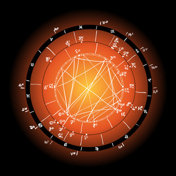 Horoscope natal chart, astrological celestial map, cosmogram, vitasphere, radix. yellow orange white black color. Hand drawn calligraphy. Vector
