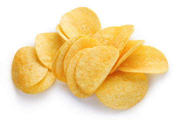 Delicious potato chips, isolated on white background
