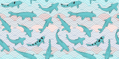 Seamless pattern Koi carp nishikigoi literally brocaded carp. Blue fish. black outline sketch doodle. azure teal pink grey lilac scales simple Nature Asian wave circle background. Vector illustration