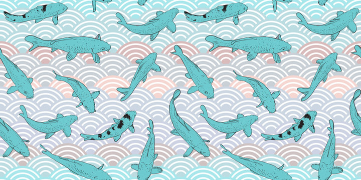 Seamless pattern Koi carp nishikigoi literally brocaded carp. Blue fish. black outline sketch doodle. azure teal pink grey lilac scales simple Nature Asian wave circle background. Vector illustration