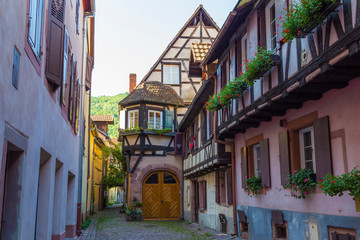 Fototapeta na wymiar Beautiful colorful street of medieval village Kaysersberg. Alsace. France.