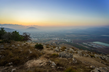 Morning  view at morning sunrice from Mount Precipice on a nearby valley near Nazareth in Israel