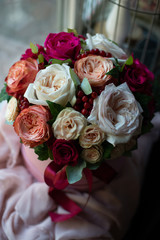 the most beautiful flowers, magnificent bouquets of flowers on the leg in the interior of the restaurant for a festive floristry store or wedding salon for the bride or groom, a bridal bouquet, butane