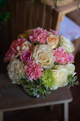 the most beautiful flowers, magnificent bouquets of flowers on the leg in the interior of the restaurant for a festive floristry store or wedding salon for the bride or groom, a bridal bouquet, butane