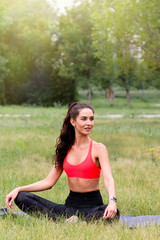 Fototapeta na wymiar Young attractive smiling toned brunette woman doing yoga outside in a park. Healthy lifestyle concept