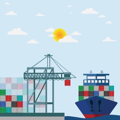 Fototapeta premium Transport cargo sea ship loading containers by harbor crane in shipping port vector illustration.